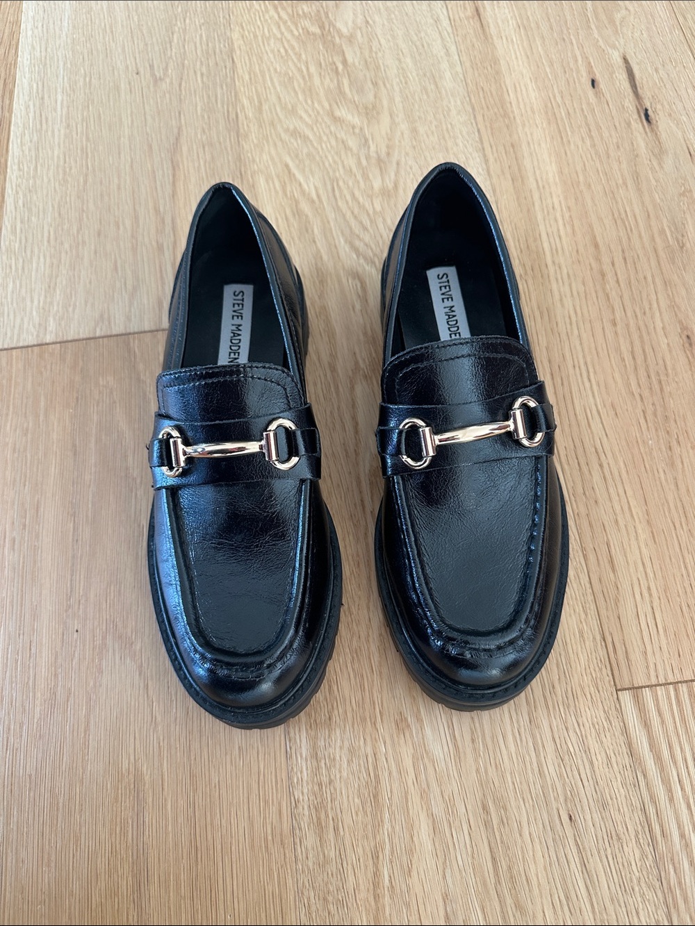Steve Madden Black Leather Slip-On Loafers with Gold Bit